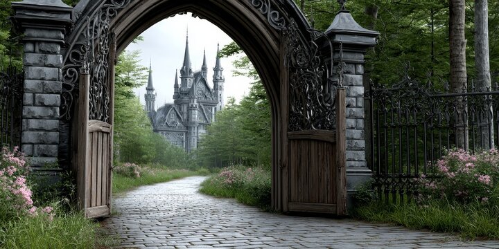 Mysterious Gothic Entryway to Enigmatic Castle Surrounded by Enchanted Forest and Trees