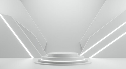 Abstract 3D rendering of a white cylindrical podium with luminous lighting. Minimalist geometric...