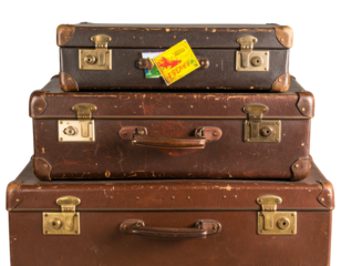  Stack of Classic Leather Retro Suitcases with Travel Stickers, front view, transparent background png