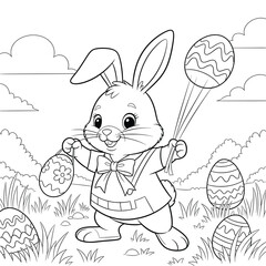 Cute Easter bunny holding balloons and decorated eggs in a spring meadow coloring page for kids