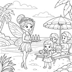 Adorable fairy serving drinks to friends relaxing on a tropical beach coloring page