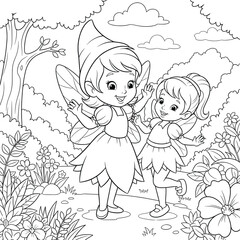 Two cheerful fairy girls dancing together in a magical flower-filled forest coloring page