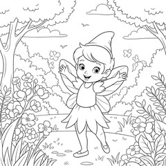 Adorable fairy girl with wings and pointed hat happily playing in a magical flower garden coloring page