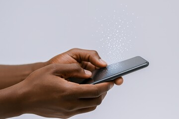 Hands Holding Smartphone with Digital Effect, Technology Concept for Communication and Connectivity, Dark Skinned Man Using Mobile Phone