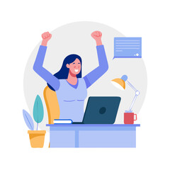 Happy woman completed task and triumphing with raised hands on the his workplace. flat vector modern illustration