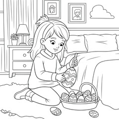 Young girl painting colorful Easter eggs in her bedroom with a full basket for a festive holiday coloring page