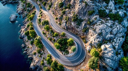 Aerial View of a Curving Coastal Road Winding Through Rocky Terrain with Turquoise Water
