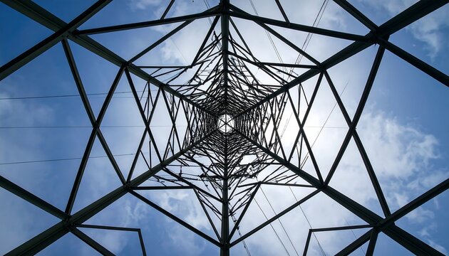 Metal framework of a high-voltage power transmission tower against a partly cloudy sky. - Powered by Adobe