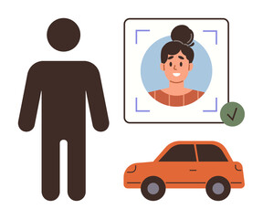 Person standing near photo ID validation window, orange car with approval checkmark. Ideal for identity verification, security, credentials, transportation, personal data, authentication, modern