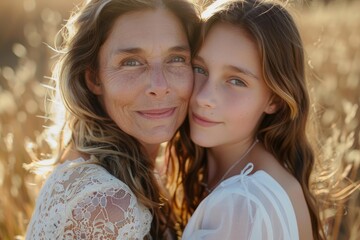 Obraz premium Mother and daughter wearing white dresses are posing together in a golden field, enjoying a tender moment