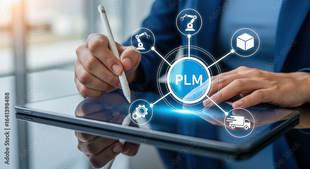 Poster plm system management visualization with engineer using tablet for digital transformation and manufa
