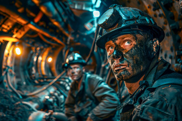 Miners in dark tunnel, surrounded by mining equipment and rocky textures. Intense coal mining operation underground, miners covered in coal dust, dimly lit tunnels with warm glow of helmet lamps