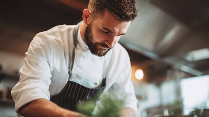 culinary expert closely examines aromatic properties of fresh ingredients with smart stove