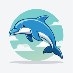 Fototapeta premium Cartoon dolphin illustration against a backdrop of clouds and sea colors, a cheerful marine creature
