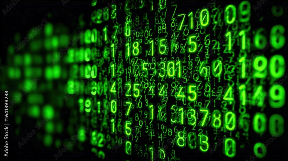 Poster abstract green numbers matrix background: data stream, technology, coding, and futuristic concepts