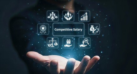 Fototapeta premium Competitive Salary Concept: Hand Holding Digital Icons Representing Compensation, Benefits, and Financial Growth