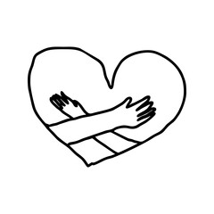 Black doodle heart with arms hugging it – hand drawn vector symbol of self care, compassion, and love on transparent background
