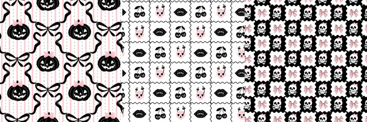 Cute coquette whimsical halloween pattern in black and blush pink. Featuring skull, ghost cherry, pumpkin in wavy grid style background. Perfect for paper good, fabric, stationary, banners etc. 