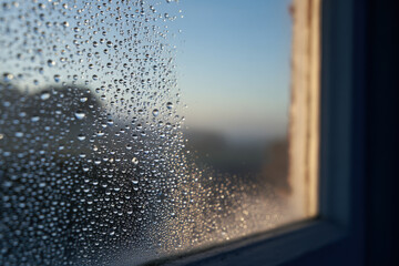 foggy window adorned with droplets of condensation is beautifully illuminated by soft morning light