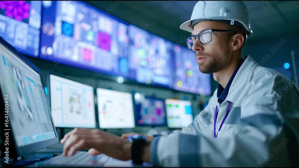 Aufkleber engineer monitors data screens in control room during nighttime operations for advanced technology s