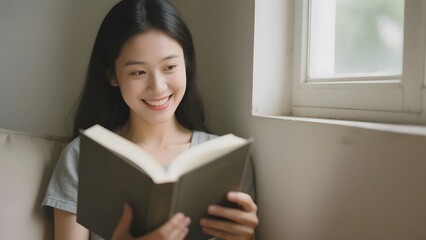 Fototapeta premium A young woman smiles while reading a book by the window.