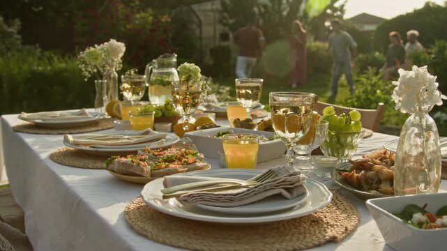 Close up detail shot of small dinner table set for rustic Summer celebration outdoors with fresh flowers decor and yellow accents scene lit by sunlight, copy space