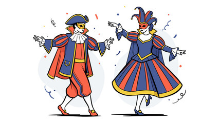 Illustration of a historical couple in colorful costumes dancing at a masquerade carnival