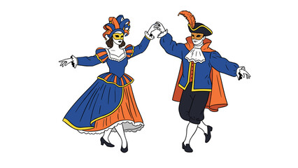 Obraz premium Elegant couple in historical costumes and masks dancing at a Venetian carnival.