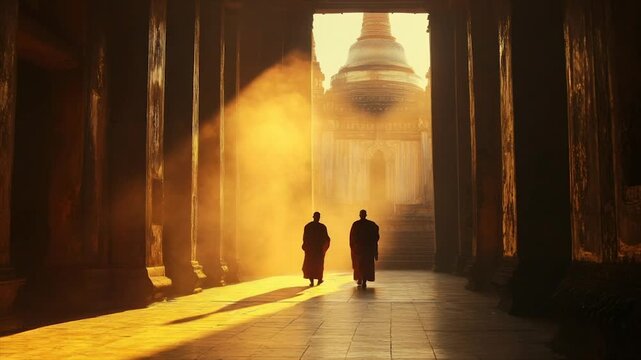 Two monks walking in ancient temple at sunrise. Golden light streams through columns illuminating the path ahead