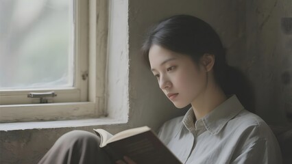 A person reading a book by a window in a dimly lit room