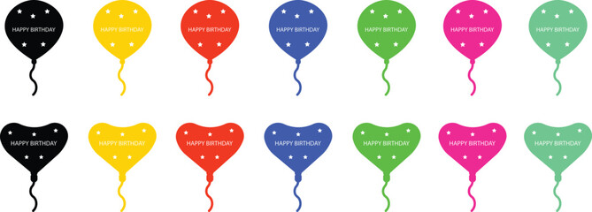 Birthday balloon vector icon set in color flat style celebration party decoration collection, heart and round balloon group, happy birthday symbol pack with stars