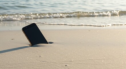 Smartphone Buried in Sand on Beach at Sunset