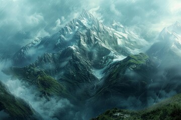 Heavy rain is falling on high mountain peaks covered with snow and green vegetation in a dramatic fantasy landscape