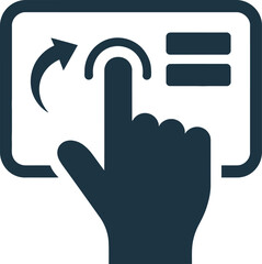 Finger touching a digital interface with icons for navigation and settings