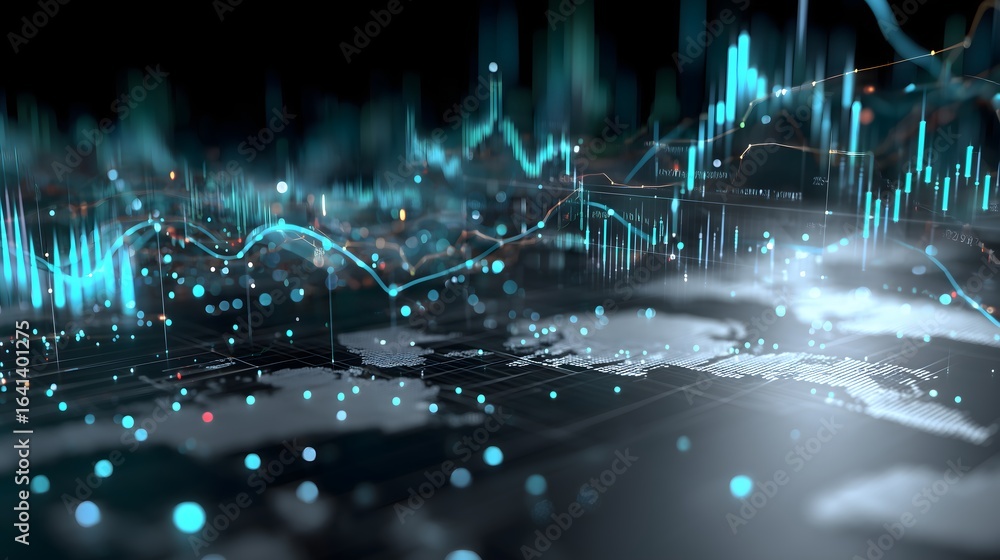 Aufkleber abstract global finance data mesh with ai analysis graphs, neon glow, and world map overlay