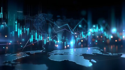Abstract global finance data mesh with AI analysis graphs, neon glow, and world map overlay
