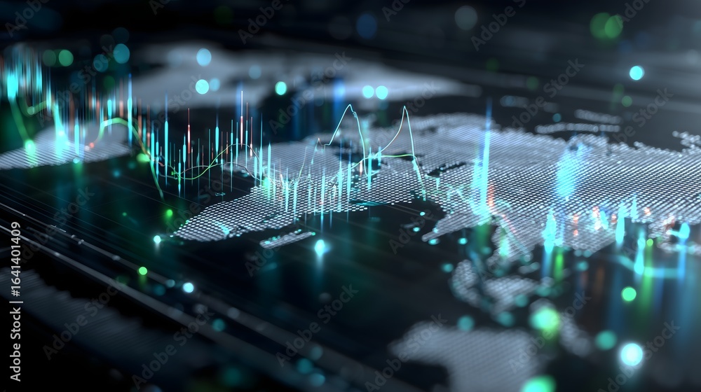 Aufkleber abstract global finance data mesh with ai analysis graphs, neon glow, and world map overlay