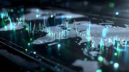 Abstract global finance data mesh with AI analysis graphs, neon glow, and world map overlay