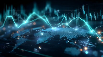 Abstract global finance data mesh with neon glow, detailed graphs, and world map overlays