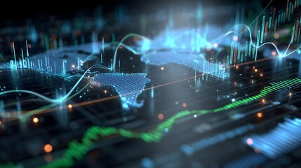 Abstract global finance data mesh with neon glow, detailed graphs, and world map overlays