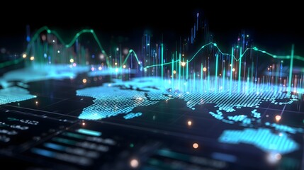 Abstract global finance data mesh with neon glow, detailed graphs, and world map overlays