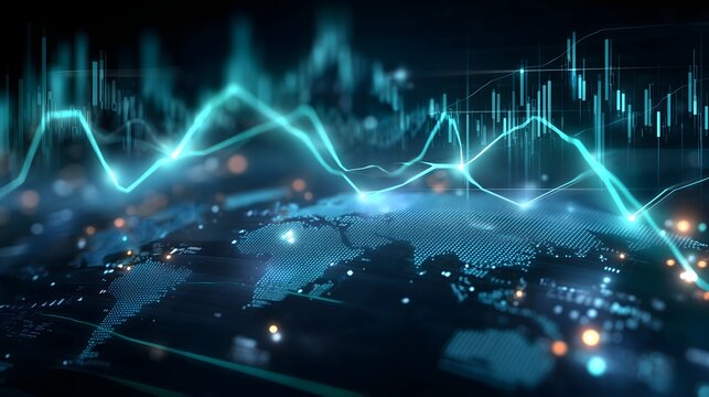 Abstract global finance data mesh with neon glow, detailed graphs, and world map overlays