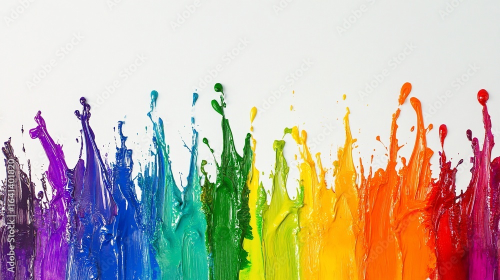 Poster vibrant rainbow paint splashes cascade downwards on a clean white backdrop creating dynamic abstract
