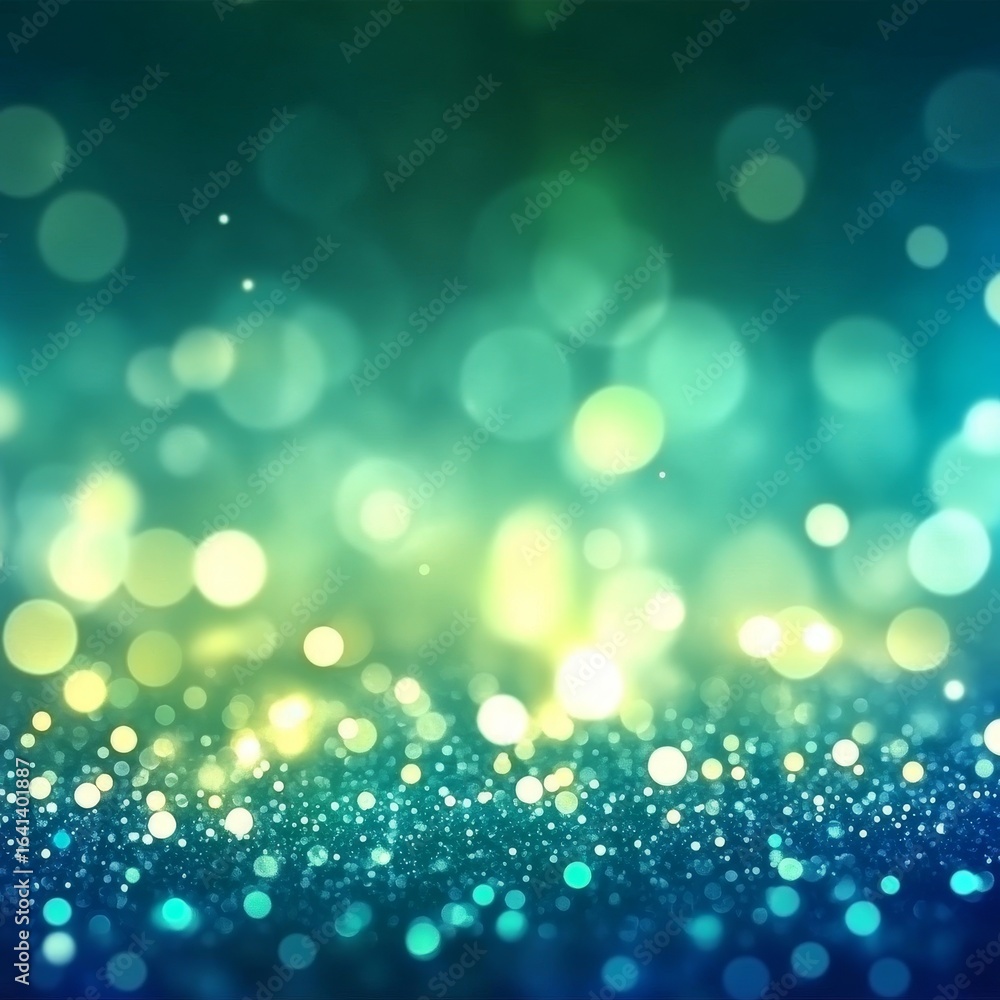 Poster abstract glowing blue green gradient bokeh background with sparkling light texture and particles