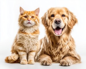A cheerful golden retriever and an adorable orange cat sit together, showcasing the beauty of pet companionship.