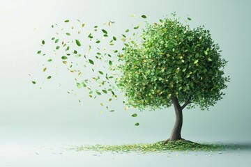 Obraz premium Green Tree Blowing Leaves Away Natural Spring Growth Fresh Air Renewal on transparent background