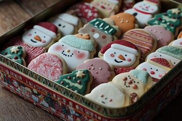 A colorful assortment of beautifully decorated holiday cookies, featuring snowmen, trees, and festive designs.