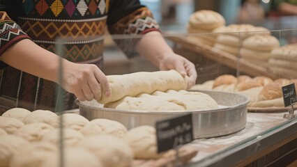 Baker arranging freshly baked bread rolls in a bakery display