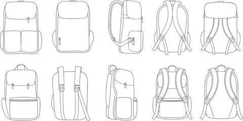 CAD drawing flat vector illustration of multiple backpack views, technical fashion sketches, school bag design, minimal outline, zipper pockets, straps. © Akaza