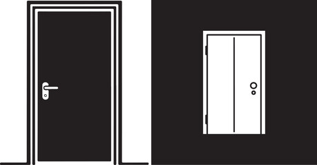 Black and white image of two doors, one with a handle and one without.